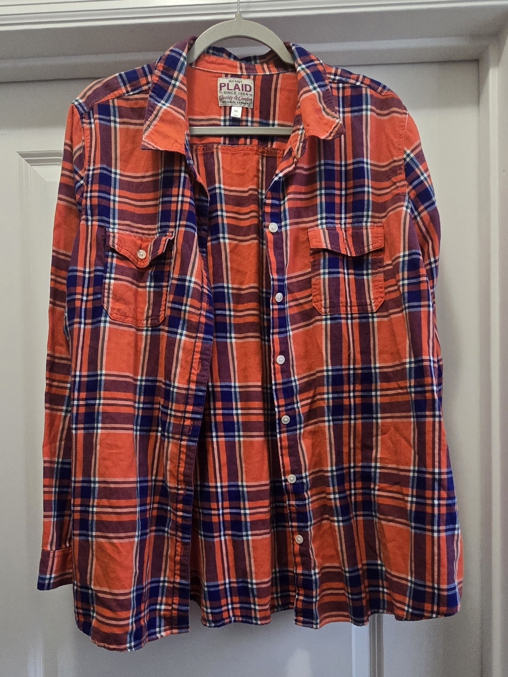 Old Navy Plaid Flannel Button Down Shirt Orange Blue White XXL Long Sleeve